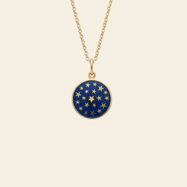 Star Field Guilloché Pendant. Crafted in 18k yellow gold. 15mm diameter. Jewelry Dallas.