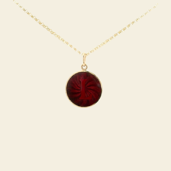 Initial Guilloché Pendant. Crafted in 18k yellow gold with translucent guilloché enamel. 15mm diameter. Jewelry Dallas.