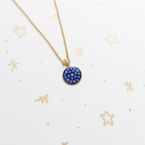 Star Field Guilloché Pendant. Crafted in 18k yellow gold. 15mm diameter. Jewelry Dallas.