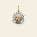 Gold pendant with pearls featuring a photo of a dog inside on a beige background. Custom Pet Portrait. Hand-carved in Germany and painted in reverse intaglio on rock crystal, each charm is backed with luminous mother-of-pearl and set in your choice of 18K yellow, rose, or white gold. Jewelry Dallas.
