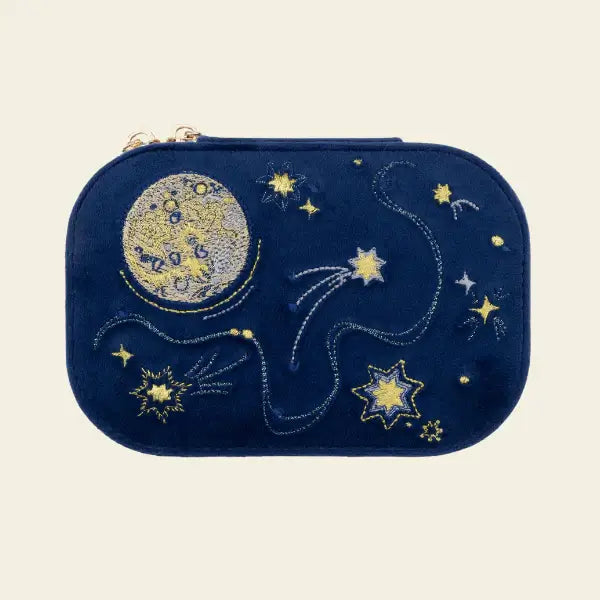 Blue velvet travel jewelry box with embroidered moon and stars. Fly Me to the Moon Navy Blue Velvet Embroidered Travel Jewelry Box. Jewelry Dallas.