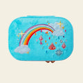 Blue velvet travel jewelry box with rainbow and cloud design on a beige background.  Jewels with Jules Velvet Embroidered Travel Jewelry Box. Jewelry Dallas.