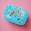 Blue velvet travel jewelry box with rainbow and cloud design on a beige background. Jewels with Jules Velvet Embroidered Travel Jewelry Box. Jewelry Dallas.