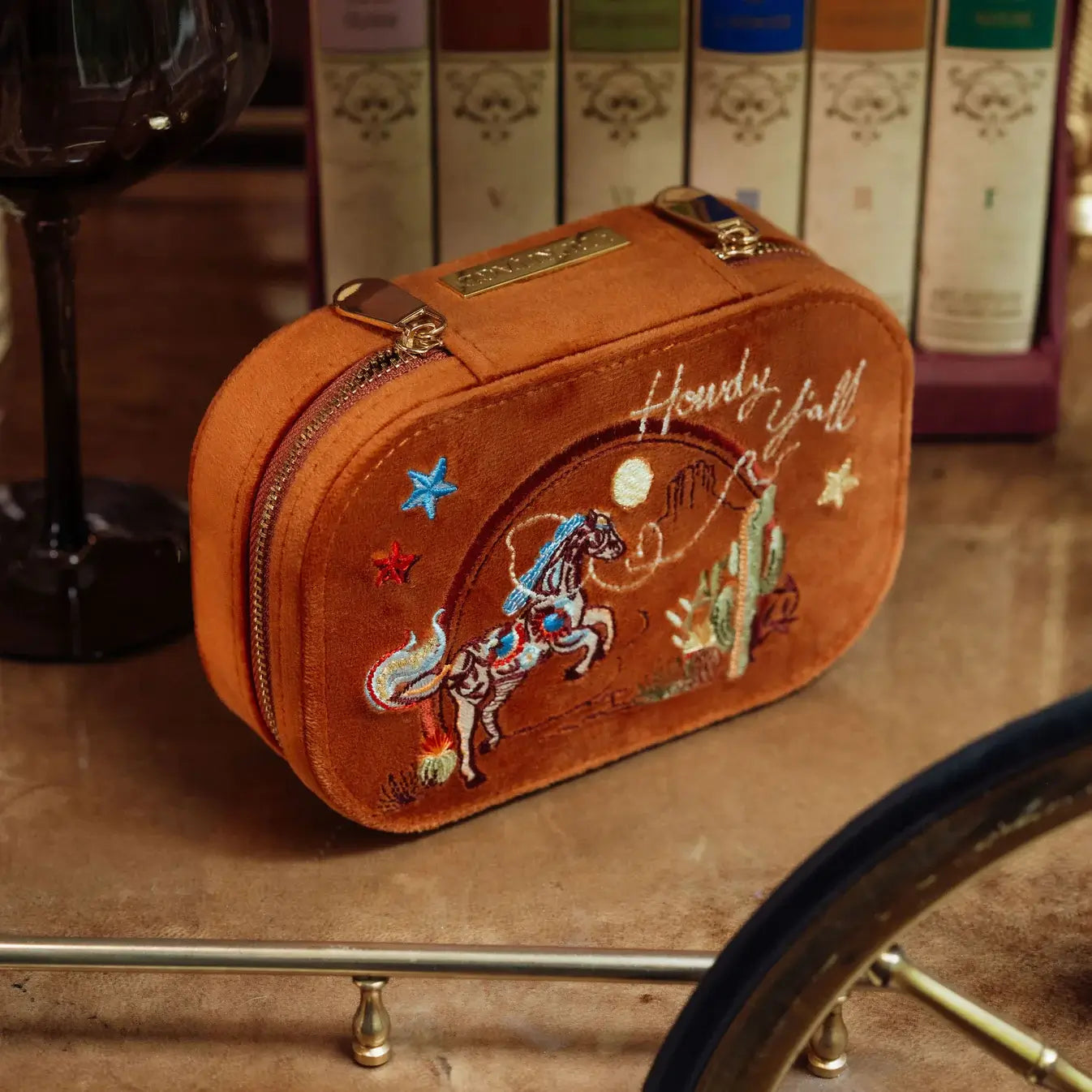 Embroidered Texas velvet orange travel jewelry box with horse design on wood. Spirit of Texas Burnt Orange Velvet Embroidered Travel Jewelry Box. Jewelry Dallas.