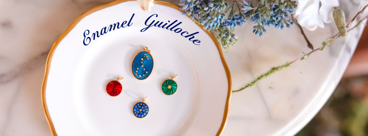 Enamel guilloche pedants on a decorative plate with flowers in the backgroundslider_item_HQcwgN